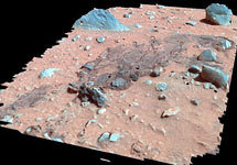 Трехмерная цветная модель, созданная с использованием данных от Spirit, описывает состав марсианской поверхности (NASA/JPL/Corne