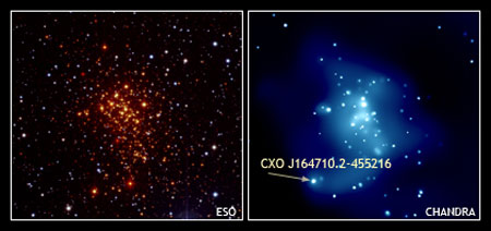 Массивное галактическое рассеянное звездное скопление Westerlund 1 в оптическом и рентгеновском диапазонах. Фото с сайта chandra.harvard.edu