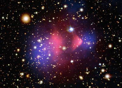 Скопления желтоватых галактик слева и справа (меньшего размера) проходят сквозь друг друга, забрав с собой свою темную материю (синий цвет - это условно, конечно). Однако их газовые облака (красный) остаются, "сдираются". Изображение M Markevitch/ D Clowe/NASA/STScI/CXC/CfA/Magellan/U Arizona/ESO WFI с сайта New Scientist
