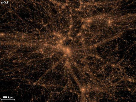 12 миллиардов лет назад Вселенная была гораздо компактнее, чем сейчас, все ее вещество содержалось в области размером 2,6 миллиона световых лет. С тех пор в космосе стало гораздо просторнее, но некоторая часть невидимой материи сохранилась в столь же концентрированном виде и сформировала обширный ореол Млечного пути. Иллюстрация: J Diemand/M Kuhlen/P Madau/UCSC с сайта New Scientist