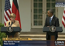 Пресс-выход Барака Обамы и Ангелы Меркель. Кадр C-SPAN