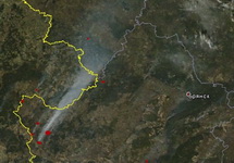 Торфяной пожар на западе Брянской области. Спутниковый снимок Aqua MODIS, 10.10.2014. Источник: greenpeace.org