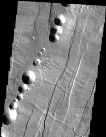 Обширная цепь провалов на Марсе. Оптический обман может заставить человеческий глаз воспринимать изображенное как ряд насыпей, но в действительности это огромные ямы. Фото NASA/SwRI с сайта Space.com