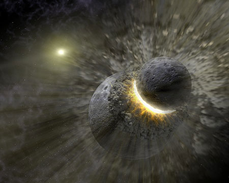 Так художник представляет себе катастрофическое столкновение двух "эмбрионов" размером с планету. Изображение NASA/JPL-Caltech/T.Pyle (SSC/Caltech)