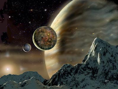 Представление художника о том, как может выглядеть планета-гигант и его спутники в системе HD70642. David A. Hardy, astroart.org (с сайта www.spaceflightnow.com)