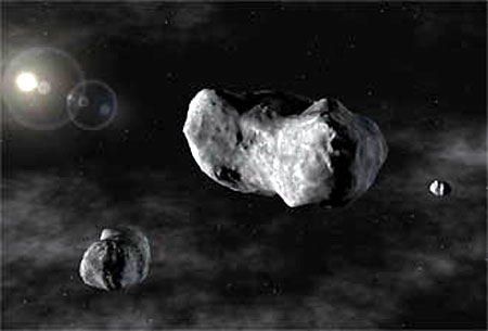 Так художник представляет себе астероид 87 Сильвию и его спутники Рем и Ромул. Иллюстрация European Southern Observatory