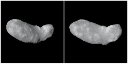 Изображение астероида Итокава, полученное "Хаябусой" 10 сентября с расстояния примерно 30 километров. Со времени, разделяющего левый и правый снимки, Итокава успел повернуться приблизительно на 50 градусов. Фото JAXA с сайта New Scientist