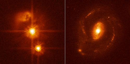 Квазар слева (центральное яркое пятно), по всей видимости, не имеет никакой галактики-хозяина, в то время как "обычному" квазару справа сопутствует нормальная галактика со спиральными рукавами. Фото NASA/ESA/ESO