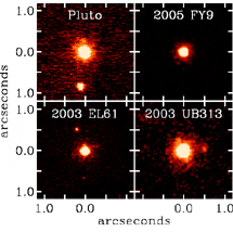 Изображения четырех самых ярких объектов пояса Койпера, полученные с помощью Keck Observatory Laser  Guide Star Adaptive Optics system. Все эти изображения логарифмически отмасштабированы по самому яркому пятну объекта KBO и ориентированы в направление на север. Спутники ясно видны около Плутона, 2003 EL61и 2003 UB313. С сайта www.gps.caltech.edu/~mbrown/