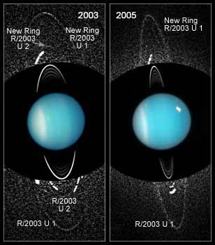 На этих снимках, полученных на протяжении двух последних лет (в 2003 и 2005 гг.), прекрасно видны два новообнаруженных кольца Урана. Одну из новых лун, Мэб, еще можно при желании рассмотреть на вершине левого снимка, а вот вторую, более мелкую луну, Купидона, здесь искать бесполезно... Иллюстрация: NASA, ESA, M Showalter, SETI Institute