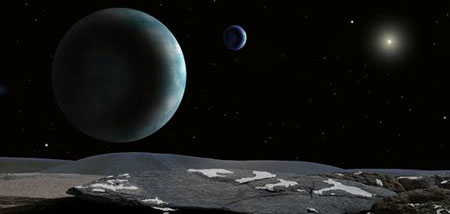 Плутон и его луна Харон, наблюдаемые с поверхности одного из недавно обнаруженных маленьких спутников Плутона. Фантазия художника. Изображение: David Aguilar/Harvard-Smithsonian Center for Astrophysics