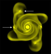 Изображение газового диска, окружающего молодую звезду. Звезда представлена центральным ярким кругом. Темный фон содержит материю, которая выпадает на диск, но не видна из-за своей низкой плотности. Обратите внимание на характерные спиральные рукава и плотные яркие группы в их составе. Последние представляют собой протопланетные эмбрионы, которые поглощаются звездой. Стрелки указывают на размещение некоторых из таких эмбрионов. Иллюстрация с сайта www.astro.uwo.ca/~basu/