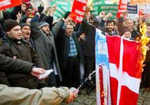 Демонстранты, протестующие против публикации карикутур в Стамбуле, жгут датский и американский флаги. Фото с сайта yahoo.com