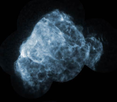 Яркая точка нейтронной звезды видна вблизи центра остатка сверхновой в созвездии Кормы. Утверждается, что она движется со скоростью свыше 1500 км/с. Фотография, полученная зондом ROSAT, работающим в рентгеновском диапазоне (NASA/GSFC/S Snowden et al)