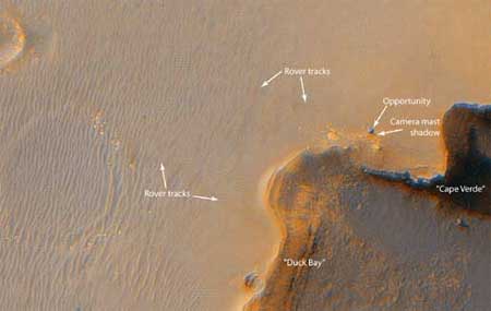 Opportunity на берегу кратера Виктория (вид сверху). Масштаб исходного изображения составляет 29,7 сантиметра на пиксель, это позволяет разрешать объекты величиной примерно 90 сантиметров. Солнце находится в 30 градусах над горизонтом, на Марсе теперь царит северное лето. Фото NASA/JPL/UA с сайта nasa.gov/mission_pages/MRO/ (под картинкой находится ссылка на изображение с большим разрешением)