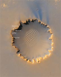 На этой фотографии, полученной Mars Reconnaissance Orbiter, кратер ударного происхождения Виктория, находящийся на плато Меридиана (Meridiani Planum) вблизи марсианского экватора, можно рассмотреть во всей красе. Фото NASA/JPL/UA с сайта www.space.com (под картинкой находится ссылка на изображение с большим разрешением)