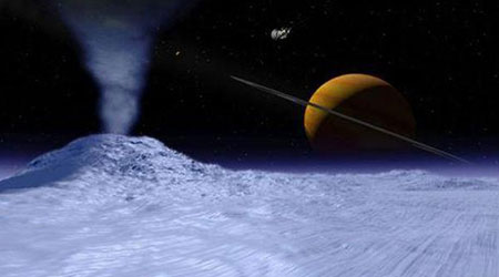 Фонтан, состоящий из водяных паров, вырывается из-под ледяного панциря ледяной луны Сатурна Энцелада. Иллюстрация David Seal/NASA с сайта New Scientist