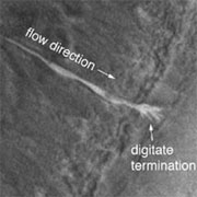 Увеличенное изображение нового оврага в кратере на Terra Sirenum. Фото NASA/JPL-Caltech/Malin Space Science Systems с сайта www.jpl.nasa.gov