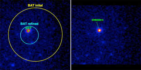 Событие GRB 060614 в рентгеновских лучах (изображение, полученное Swift с помощью инструмента XRT). В рентгеновском диапазоне послесвечение регистрировалось еще неделю спустя после самого гамма-всплеска. С помощью такого послесвечения появилась возможность уточнить место взрыва, что в свою очередь позволило провести высокоточные оптические наблюдения посредством уже наземных обсерваторий и космического телескопа "Хаббл" (Hubble Space Telescope). Фото NASA/Swift Team с сайта www.nasa.gov