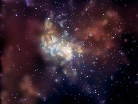 Протоны, ускоряемые электромагнитными полями сверхмассивной черной дыры, врезаются в окружающие горячие газовые облака (красный цвет), в результате чего рождаются гамма-лучи высоких энергий (пока еще неясно, какие конкретно процессы ответственны за появление этого излучения - лептонные или адронные). Изображение NASA/CXC/MIT/F K Baganoff et al с сайта New Scientist