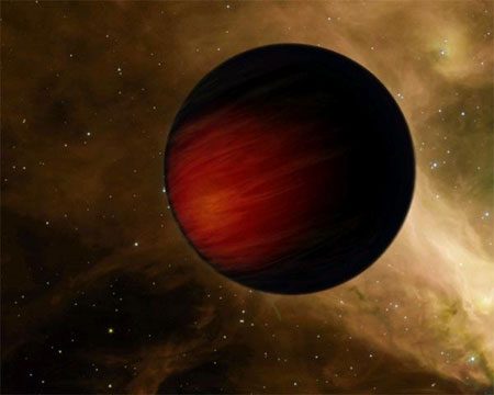 Так художник представляет себе планету HD 149026b, которая поглощает весь падающий на нее свет от своей звезды и переизлучает в космос инфракрасные лучи. Она может быть чернее сажи, но при этом пылать из-за своего жара как тлеющие угли. Изображение: NASA/JPL-Caltech с сайта NewScientist
