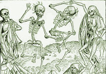 Танец смерти (1493). Гравюра Михаила Вольгемута из книги Liber chronicarum. Изображение с сайта Википедии