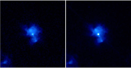 Слева рентгеновское изображение пульсара и его туманности в остатке сверхновой Kes 75 в 2000 г. А справа в 2006 году, когда начался период активности. Снимок обсерватории Чандра, NASA