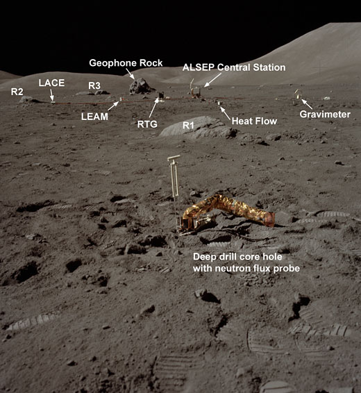 Расположение устройств и приборов так, как это выглядело с поверхности Луны (глазами астронавтов "Аполлона"). Фото NASA с сайта http://lroc.sese.asu.edu/