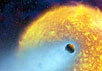 Так художник представляет себе полет теряющей атмосферу планеты - "горячего Юпитера" HD 209458b. Изображение с сайта www.spaceflightnow.com