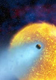 Так художник представляет себе полет теряющей атмосферу планеты - "горячего Юпитера" HD 209458b. Изображение с сайта www.spaceflightnow.com