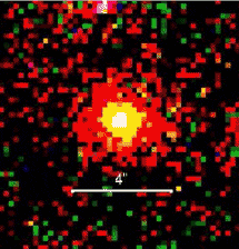 Составное изображение квазара CFHQSJ2329-0301. Цвета условные. Видно, что источник не точечный. Это галактика, в которой находится квазар (из статьи arXiv: 0908.4079)