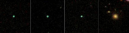На трех левых снимках - галактики "зеленые горошины". На самом правом - обычная эллиптическая галактика. Видно, что "горошины" - зеленые, а обычная галактика - желтая (из статьи arXiv: 0907.4155)