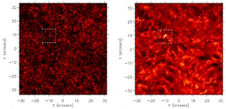 Слева показано изображение фотосферы, а на правой картинке - та же область хромосферы по данным Шведского солнечного телескопа (SST). Выделена исследуемая область. На изображении одна угловая секунда соответствует 725 км (из статьи arXiv: 0903.3546)