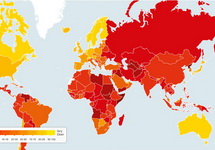 Индекс восприятия коррупции - 2014. Фрагмент карты с transparency.org