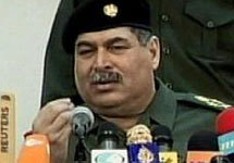 Defense Minister Sultan Hashim Ahmed speaks at a news conference Tuesday, April 1, 2003. (AP Photo/Iraqi TV via APTN)