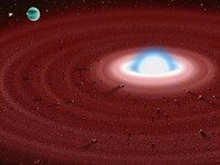 Так художник представляет себе вид пылевого диска возле белого карлика GD 362. За формирование этого кольца из пыли может быть ответственна отдаленная планета (она в верхнем левом углу картинки). Изображение с сайта UCLA News