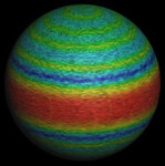 Изображение, полученное в ходе компьютерного моделирования юпитерианских ветров. Цвета соответствуют скоростным характеристикам ветров,  красный цвет сопоставлен потокам, движущимися в восточном направлении, а синий - движущимся на запад. С сайта UCLA New
