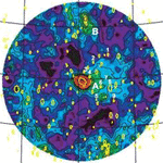 Гигантское плазменное облако выглядит здесь как синяя клякса правее красного центрального участка, соответствующему скоплению галактик Кома. Иллюстрация: Philipp Kronberg et al/LANL/Arecibo Observatory/DRAO