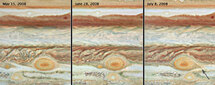 Три красных пятна Юпитера. Фото NASA, ESA, A. Simon-Miller (Goddard Space Flight Center), N. Chanover (New Mexico State University), and G. Orton (Jet Propulsion Laboratory)