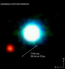 Коричневый карлик 2М1207 (2MASSWJ1207334-393254) и гипотетическая экзопланета. Фото с сайта ESO