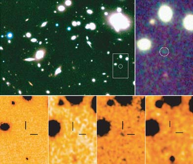 Изображение ISAAC в инфракрасном свете ядра линзирующего скопления Abell 1835 (вверху) с указанием местоположения галактики Abell 1835 IR1916 (белый кружок). Тот факт, что эта галактика не обнаружена в видимом свете, является признаком того, что она имеет красное смещение около 10. Фото ESO