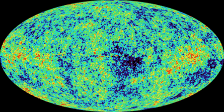 Карта всего неба, отображающая интенсивность "самого древнего света" во Вселенной. Цвета обозначают мельчайшие колебания температуры реликтового излучения. "Самые теплые" места видятся красными пятнами, самые "прохладные" - синими. Овальная форма картинки - это проекция, на которой показывается оба небесных полушария; подобно этому и земной шар может быть представлен как овал. Изображение NASA/WMAP с сайта www.gsfc.nasa.gov
