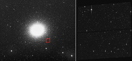Шаровое скопление Омега Центавра с отмеченной обозреваемой областью. Фото ESO