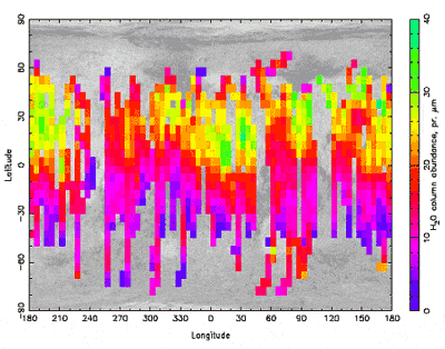 Концентрация водяного пара на Марсе. Изображение с сайта ESA
