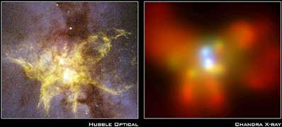 Ядро галактики NGC 6240 представляет собой систему из двух сверхмассивных черных дыр, и в будущем ей грозят серьезные потрясения. Слева - изображение галактики NGC 6240 в видимых лучах, полученное с космического телескопа "Хаббл", справа - рентгеновское - с "Чандры". Фото NASA с сайта www1.msfc.nasa.gov