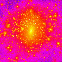 Распределение темной материи, окружающей Млечный путь. Здесь можно видеть многочисленные небольшие ореолы, состоящие из темной материи. Картинка отображает результат шестимесячных компьютерных вычислений. Иллюстрация с сайта krone.physik.unizh.ch/~moore/