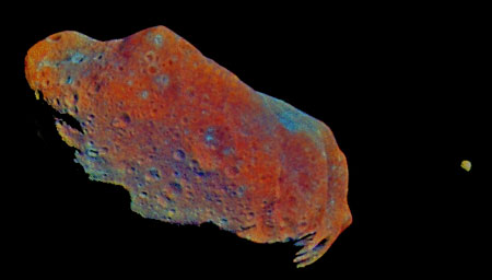 Псевдоцветное изображение 52-километрового астероида Ида (Ida) и его крошечного спутника Дактиль (справа). Когда Солнечная система еще только формировалась, некоторые астероиды вроде Иды, возможно, были расплавлены радиоактивными изотопами. Фото NASA/JPL