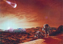 Так художник представляет себе колонию на Марсе. Изображение Pat Rawlings / NASA с сайта news.nationalgeographic.com