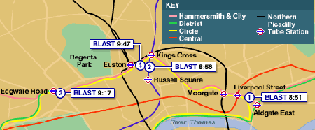Схема взрывов в лондонском метро