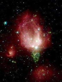 Область звездообразования в NGC 7129 напоминает формой бутон розы ко Дню святого Валентина на этом изображении, полученном с помощью космического телескопа "Спитцер". Розовый оттенок дают раскаленные частицы пыли, в то время как горячие молекулы угарного газа отвечают за зеленый цвет "стебля". Наше собственное Солнце, вероятно, сформировалось в звездном скоплении, подобном этому. Фото NASA/JPL-Caltech/T. Megeath (Harvard-Smithsonian CfA) с сайта cfa-www.harvard.edu